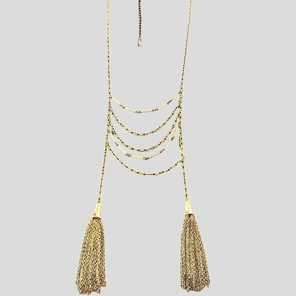 Plunder Gold Tone Double Tassel Long Necklace Ladder Style Fashion Jewelry - Picture 1 of 4